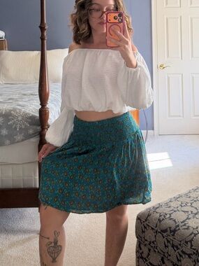 Bohemian Teal Floral Smocked Waist Skirt - Womens